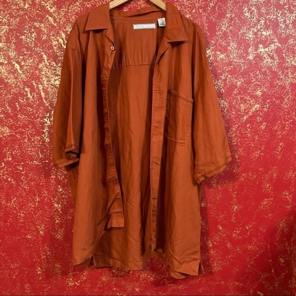 MONTE CARLO Men's Burnt Orange Embroidered Buttons Linen Blend Shirt 2XL XXL
